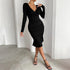 V-neck Waist Trimming Knitted Long Sleeve Narrow Sexy Dress