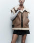 Women Brown Fur Collared Vest Coat