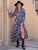 Mixed Bohemian Blue Printed Embroidered Home Waist V Neck Holiday Dress
