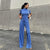 Spring Slimming T shirt High Waist Blue Pleated Wide Leg Pants Casual Women Clothing Fashion Suit